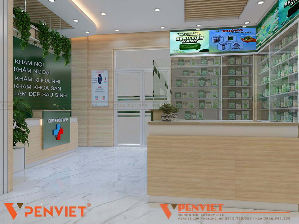 Tranh trang trí nổi bật bên trên đỉnh quầy thuốc