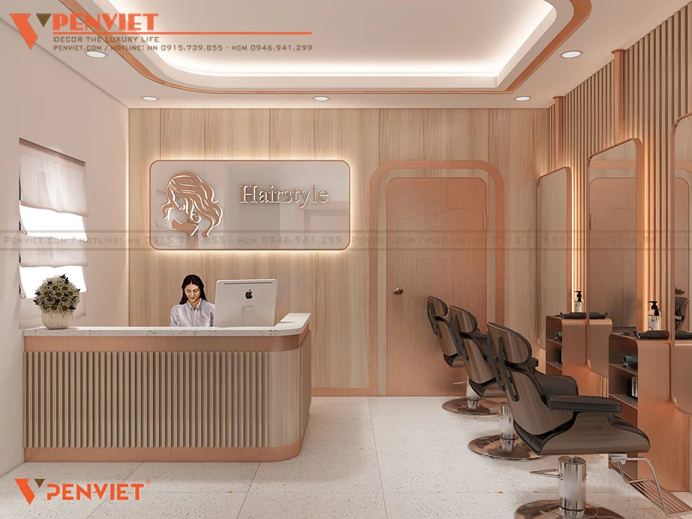 Không gian salon tóc được ốp lam nhựa hiện đại