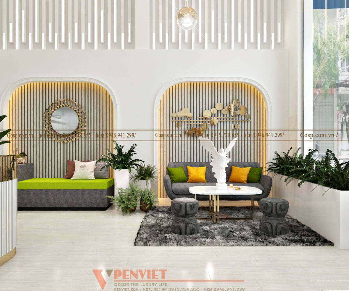 Dãy ghế sofa để khách hàng ngồi chờ được phục vụ Dãy ghế sofa để khách hàng ngồi chờ được phục vụ