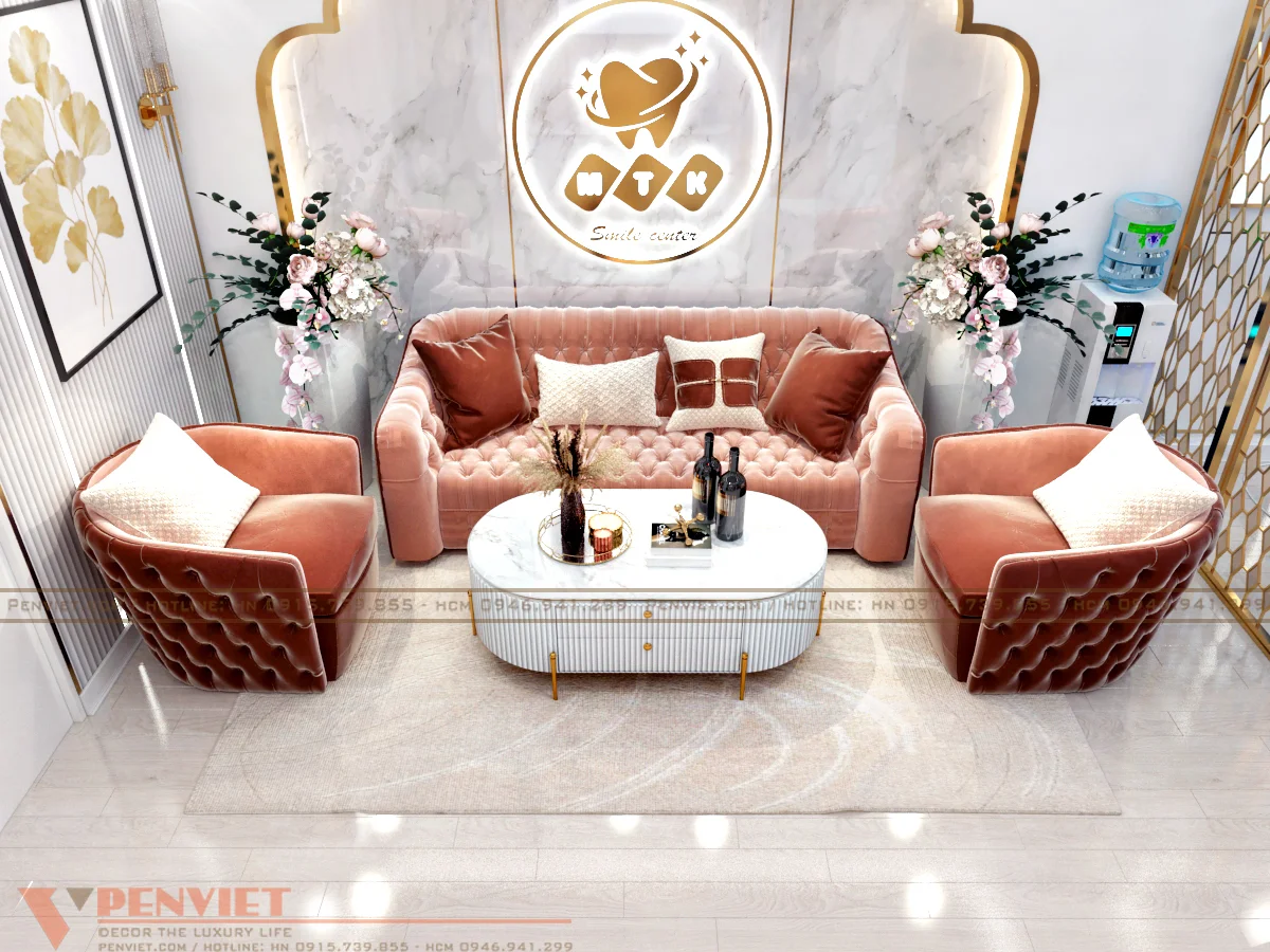 Tấm vách cùng bộ logo thương hiệu nổi bật tại phòng lễ tân