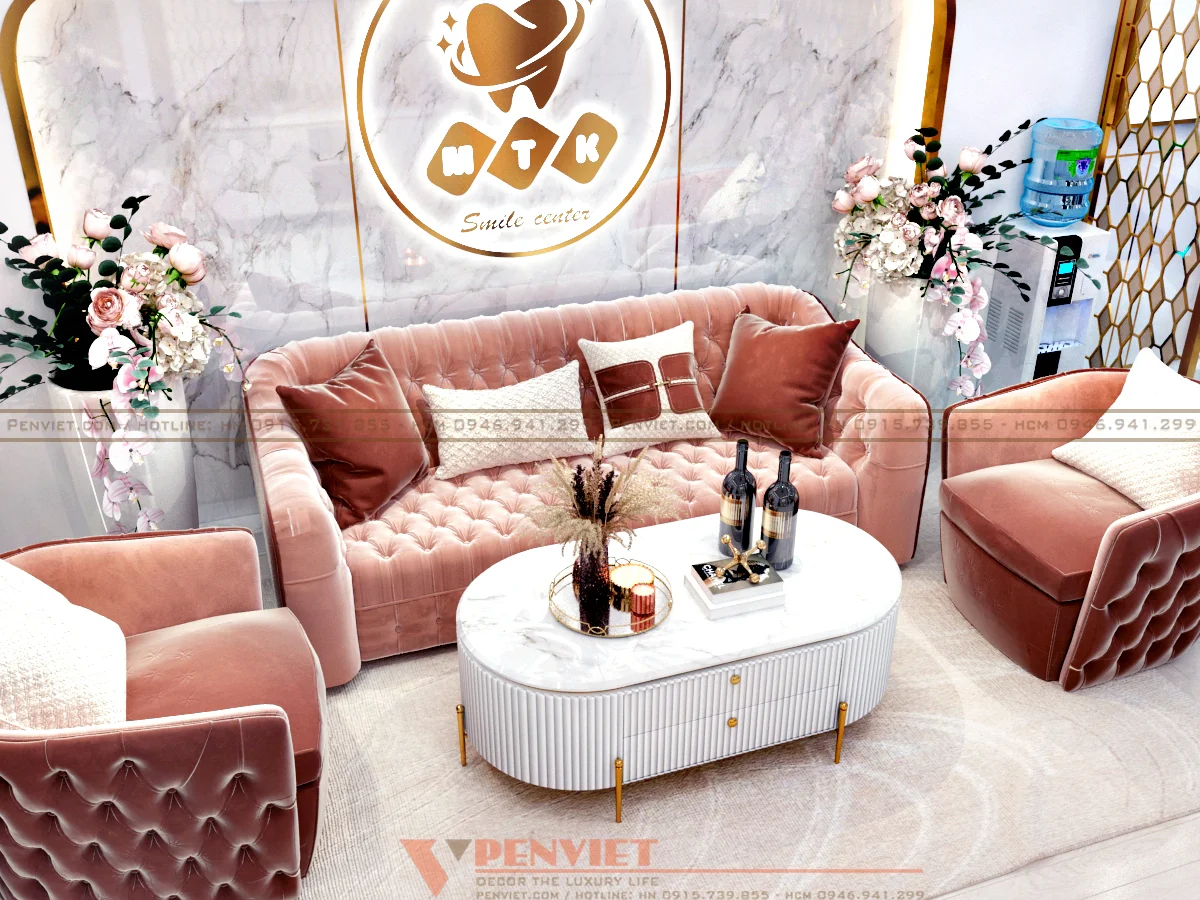 Bố trí chậu hoa gần bàn tiếp khách xinh tươi