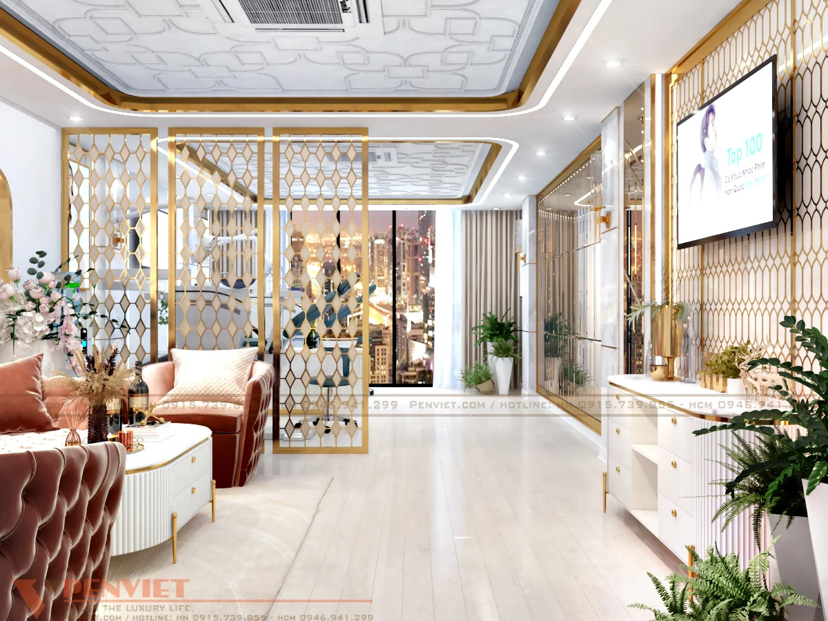 Hệ thống gương soi, vách ngăn màu vàng xuyên suốt phòng khám