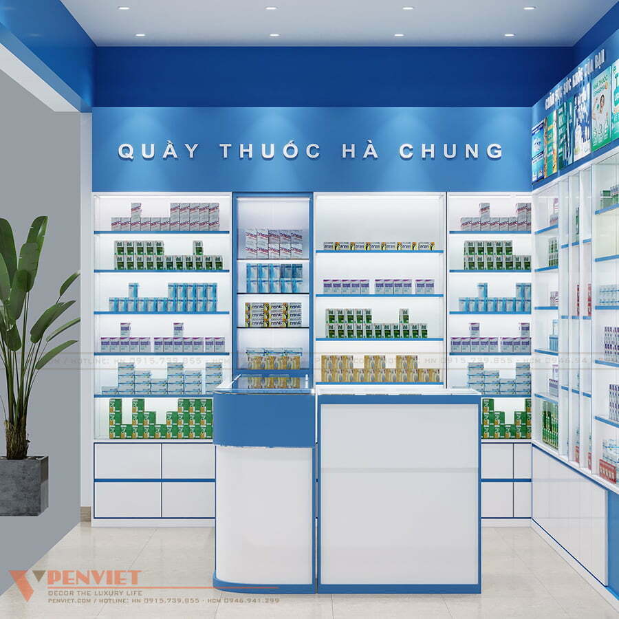 Hệ thống tủ kệ trưng bày đặt sát tường giúp tiết kiệm không gian