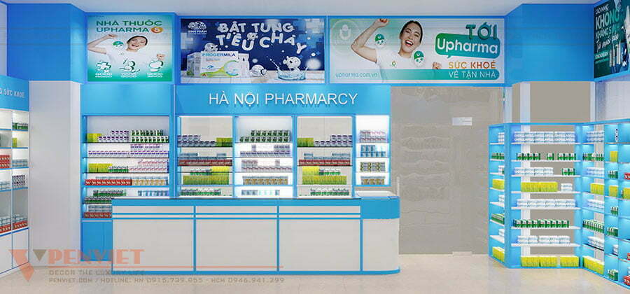 Quầy lễ tân bố trí gần cửa ra vào nhà thuốc