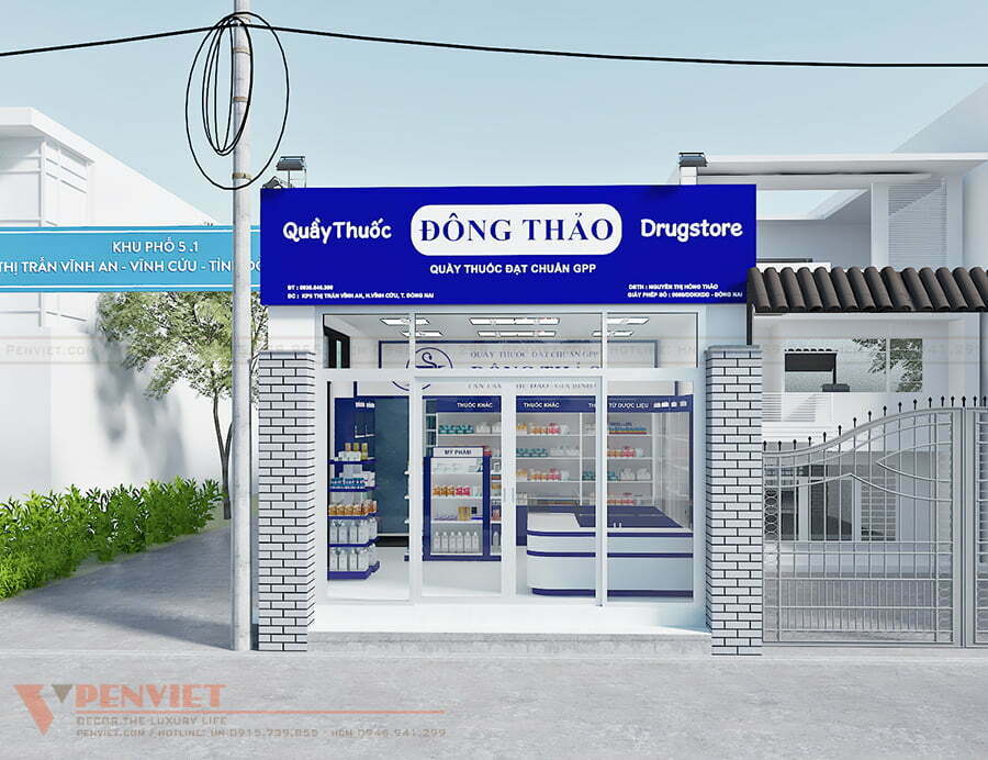 Mặt tiền quầy thuốc sử dụng gam màu xanh dương ấn tượng