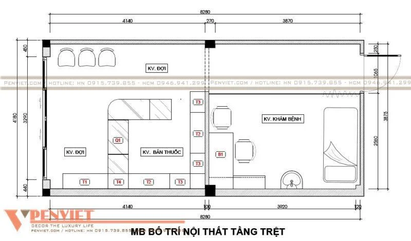 Mặt bằng bố trí nội thất khu vực quầy thuốc tầng trệt